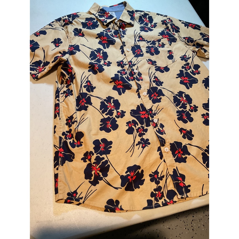 Mens Short Sleeve Button Aloha Hawaiian Floral Print Shirt Tan Red Size medium